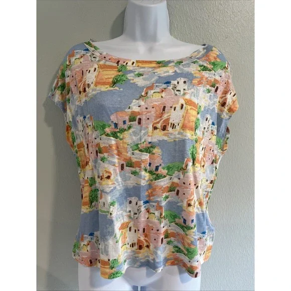 CYNTHIA ROWLEY Greek Island Paining Print 100% Linen Slub Knit Top T-shirt sz S - Picture 1 of 5